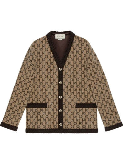 Gucci Brown Metallic Monogram Intarsia Cardigan In Nude