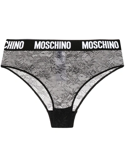 Moschino Logo-waistband Floral Lace Briefs In Black