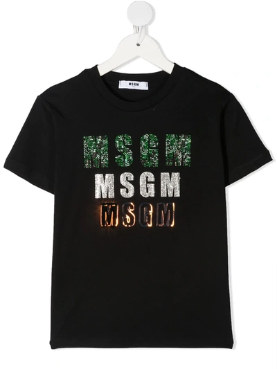 Msgm Kids' Logo-print Metallic T-shirt In Black