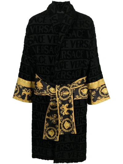 Versace Home Belted Barocco-print Bathrobe In Black