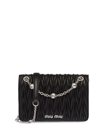 Miu Miu Crystal-embellished Matelassé Leather Cross-body Bag In Black