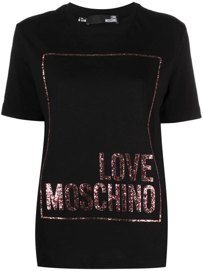 Love Moschino Cotton T-shirt With Glitter Logo Print In Black