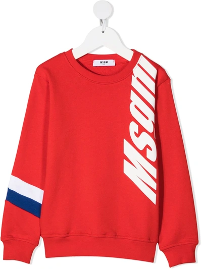Msgm Teen Logo Print Sweatshirt With Stripe Detail In Red
