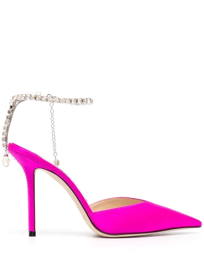 Jimmy Choo Saeda 100mm Satin Crystal Ankle-strap Pumps In Pink