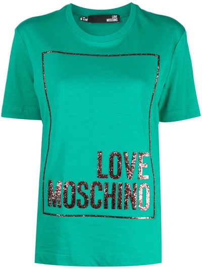 Love Moschino Cotton T-shirt With Glitter Logo Print In Green