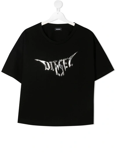 Diesel Teen Metallic Logo Print T-shirt In Black