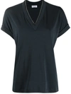 Brunello Cucinelli Short Sleeve V-neck T-shirt With Monili On The Pocket In Blue