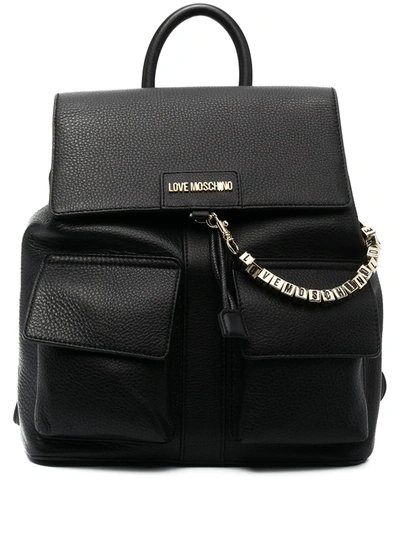 Love Moschino Heart Chain Leather Backpack In Black