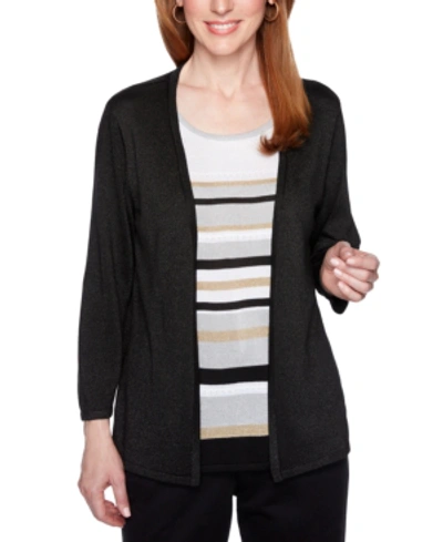 Alfred Dunner Classics Striped Metallic Layered-look Sweater In Black
