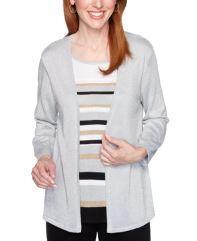 Alfred Dunner Classics Striped Metallic Layered-look Sweater In Silver