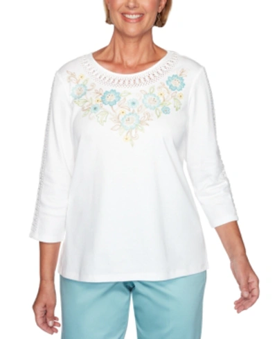 Alfred Dunner Cottage Charm Floral Embroidered Yoke Top In Ivory