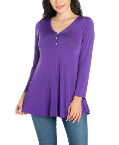 24seven Comfort Apparel Women's Plus Size Flared Long Sleeves Henley Tunic Top In Purple