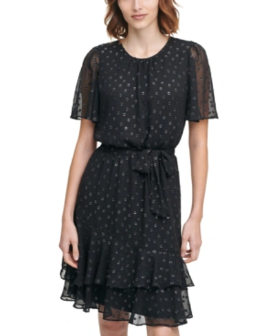 Calvin Klein Printed Tiered Dress In Black