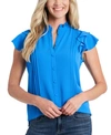 Cece Pintuck Ruffle Short Sleeve Blouse In Cosmic Blue