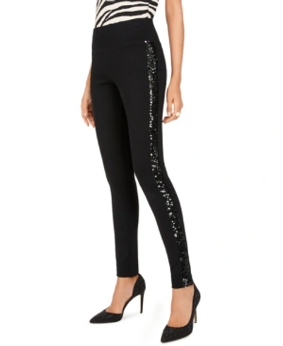 Inc International Concepts Women's Sequin-trim Pull-on Ponte Pants, Created For Macy's In Deep Black