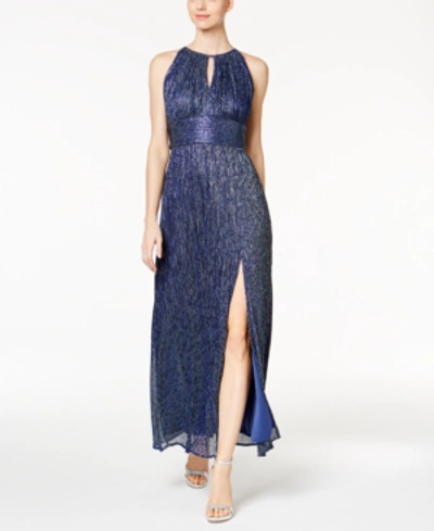 R & M Richards Petite Metallic Knit Gown In Blue