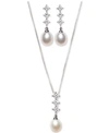 Macy's Cultured Freshwater Pearl (7x9mm) And Cubic Zirconia Pendant Necklace & Earring Set In Sterling Silv In Sterling Silver