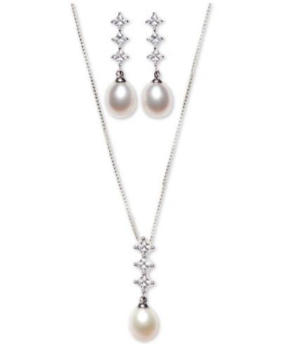 Macy's Cultured Freshwater Pearl (7x9mm) And Cubic Zirconia Pendant Necklace & Earring Set In Sterling Silv In Sterling Silver