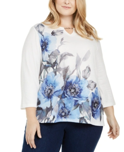 Alfred Dunner Plus Size Sapphire Skies Embellished Top In Floral Multi
