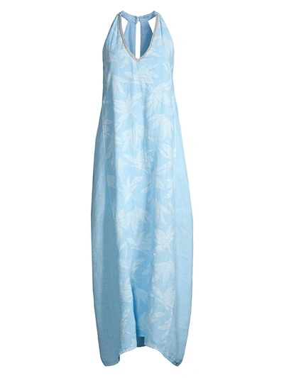 120% Lino Sleeveless Emebllished V-neck Embossed Floral Print Maxi Dress In Celeste Glitter