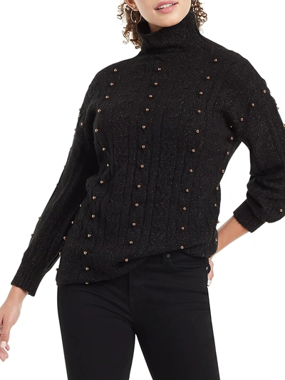 Nic + Zoe Majestic Beaded Cable Knit Metallic Turtleneck Sweater In Black Onyx
