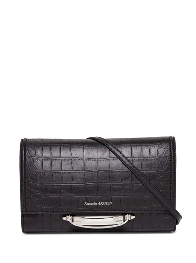 Alexander Mcqueen Crocodile Print Leather Handbag In Black