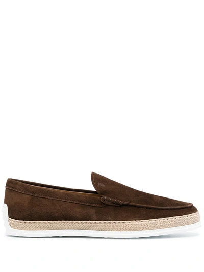 Tod's Suede Loafers With Round Toe And Braided Jute Sole In Coconut