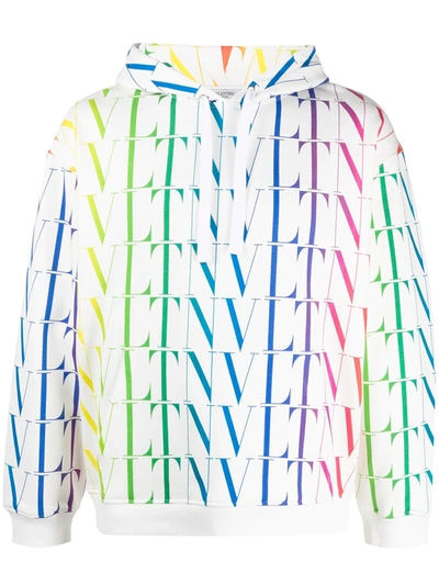 Valentino White Hoodie With Multicolour All Over Vltn Print