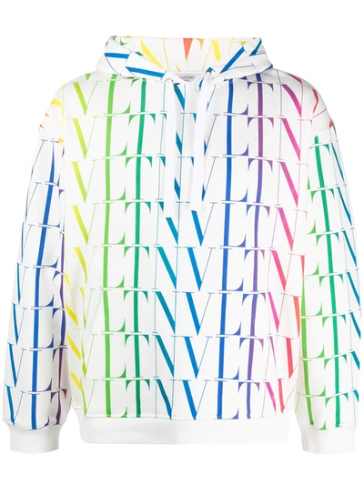 Valentino White Hoodie With Multicolour All Over Vltn Print In Bianco