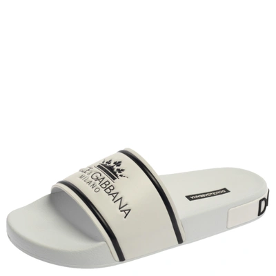 Pre-owned Dolce & Gabbana White Leather Crown Logo Slip On Slides Size 40