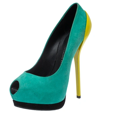 Pre-owned Giuseppe Zanotti Two Tone Suede Peep Toe Platform Pumps Size 36 In Green