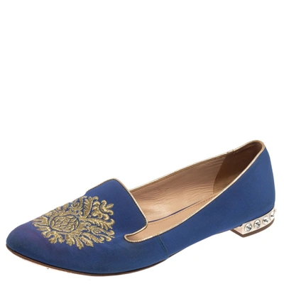 Pre-owned Miu Miu Blue Canvas Embroidered Crystal Studded Smoking Slippers Size 39