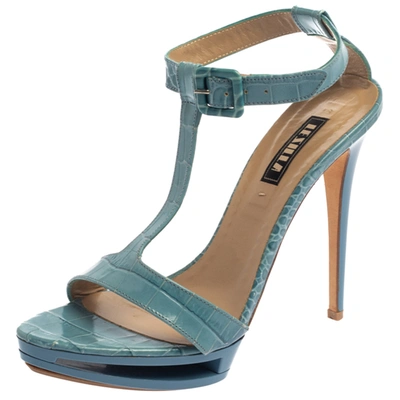 Pre-owned Le Silla Blue Croc Embossed Leather Embossed T-strap Platform Sandals Size 37