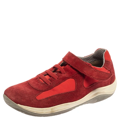 Pre-owned Prada Red Suede And Nylon Low Top Sneaker Size 34