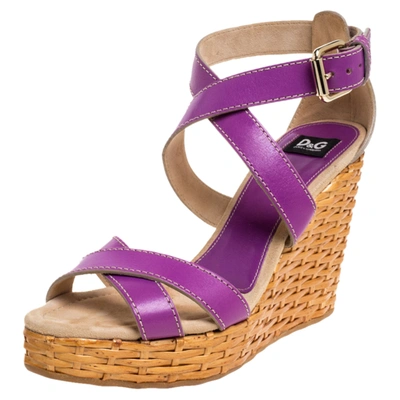 Pre-owned Dolce & Gabbana Purple Leather Ankle Strap Raffia Wedge Sandals Size 37