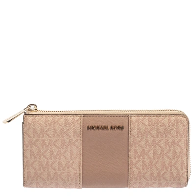 Pre-owned Michael Kors Pink Signature Leather Zip Around Wallet