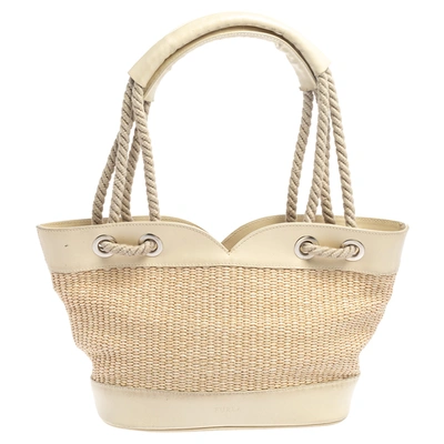 Pre-owned Furla Beige Straw And Leather Beach Tote