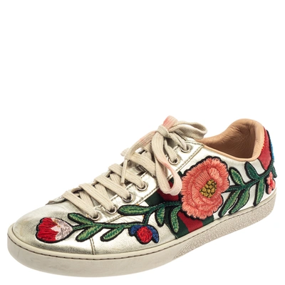 Pre-owned Gucci Silver Metallic Leather Ace Embroidered Low Top Trainers Size 36.5