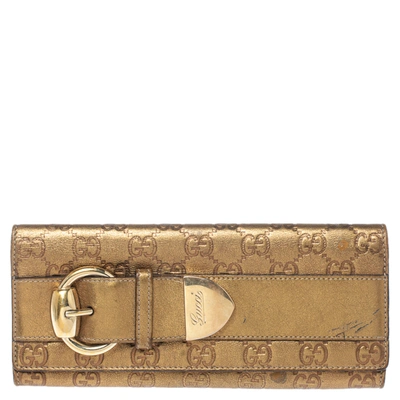 Pre-owned Gucci Ssima Leather Buckle Continental Wallet In Gold