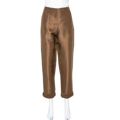 Pre-owned Emporio Armani Metallic Brown Silk Elastic Detail Cropped Pants M