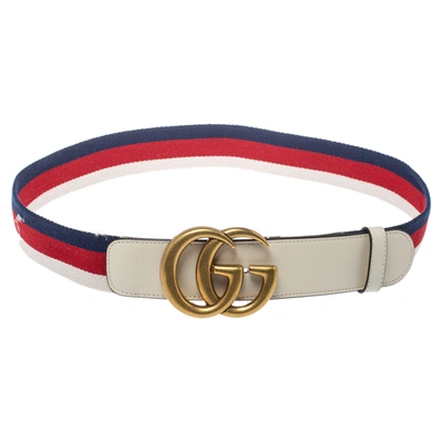 Pre-owned Gucci White Canvas And Leather Web Gg Marmont Belt 85cm