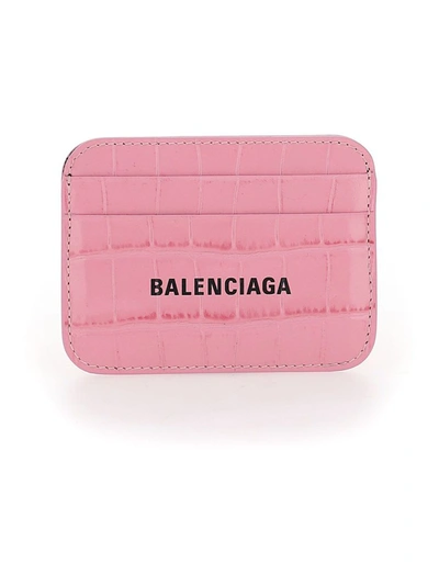 Balenciaga Light Pink Crocodile-effect Leather Card Holder In Orange