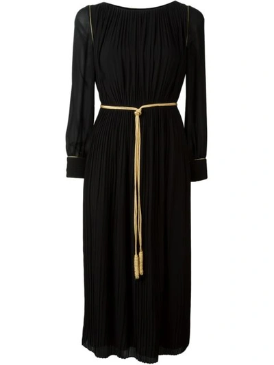 Saint Laurent Long-sleeve Pleated Midi Dress W/golden Trim In Black