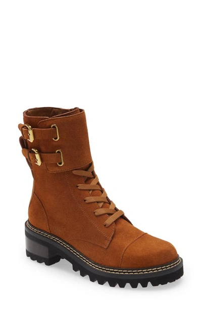 See By Chloé Mallory Suede Buckle-cuff Moto Combat Booties In Brown