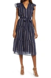 Adelyn Rae Metallic Stripe Ruffle Sleeve Midi Dress In Navy Lurex