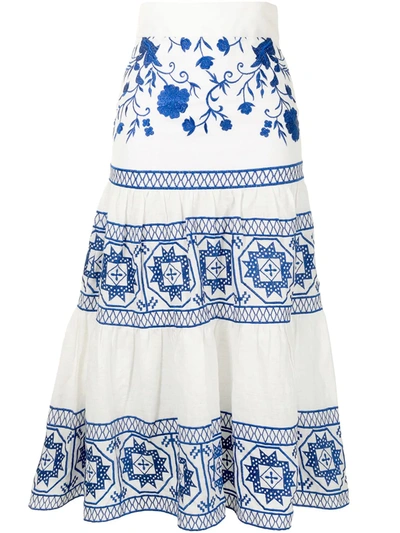 Alexis Deena Embroidered Tiered Midi Skirt In White
