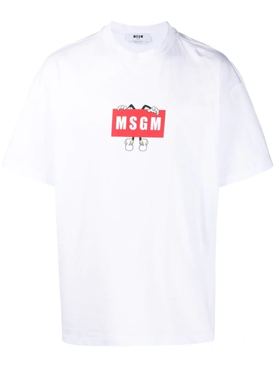Msgm Men's Short Sleeve T-shirt Crew Neckline Jumper Logo Cartoon In White