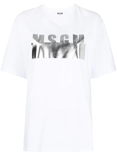 Msgm Metalized-logo Crew Neck T-shirt In White