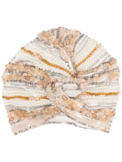 Mary Jane Claverol Beaded Sequin Turban In Neutrals