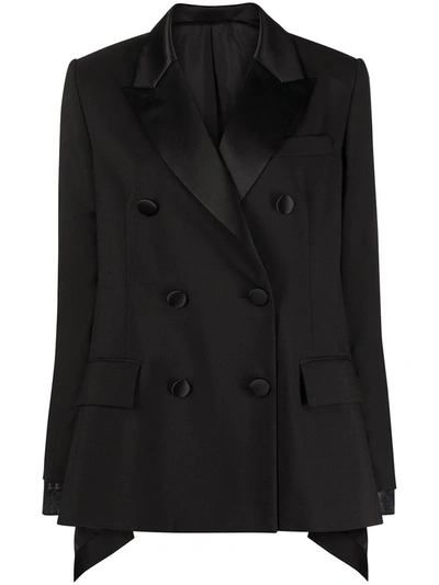 Sacai Asymmetric Satin-trimmed Grain De Poudre And Denim Blazer In Black